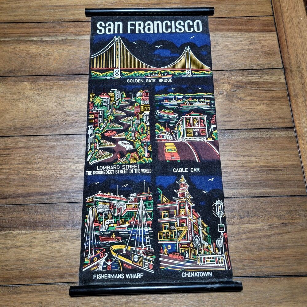 VINTAGE San Francisco Black Velvet & Glitter Scroll Poster "Landmarks"-11" X 23"